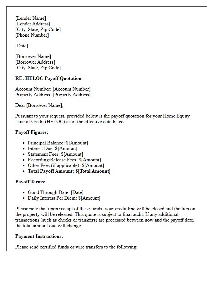 Home Equity Line Of Credit Payoff Quotation Letter