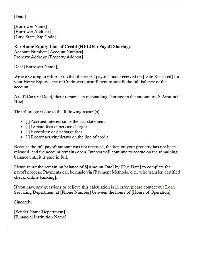 Home Equity Line Of Credit Payoff Shortage Notification Letter