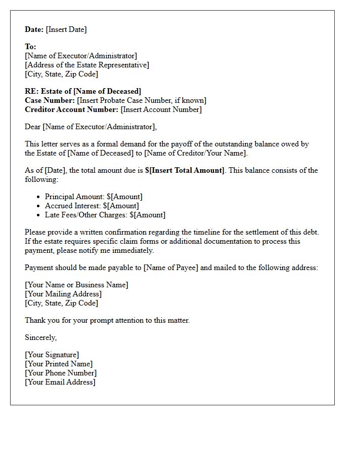 Estate Settlement Payoff Demand Letter