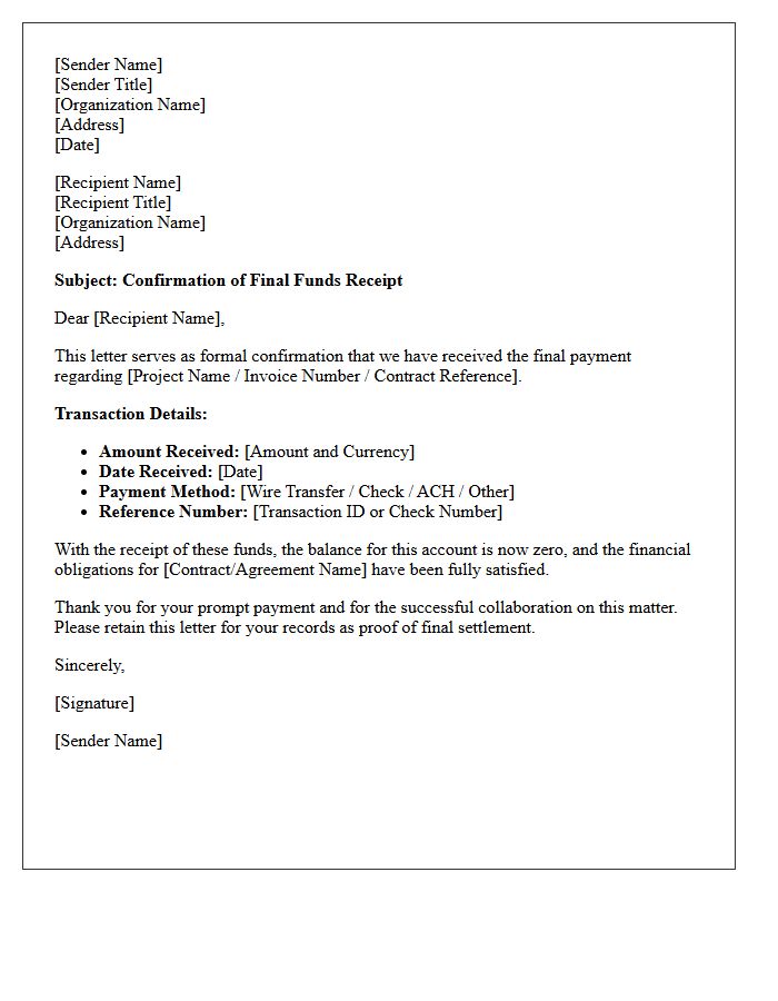 Final Funds Receipt Confirmation Letter