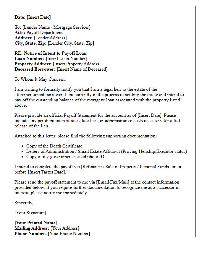 Heir Intent to Payoff Letter