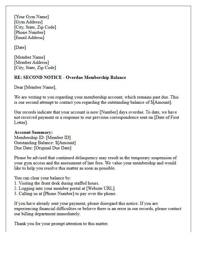 Account Delinquency Second Reminder Letter for Gym Arrears