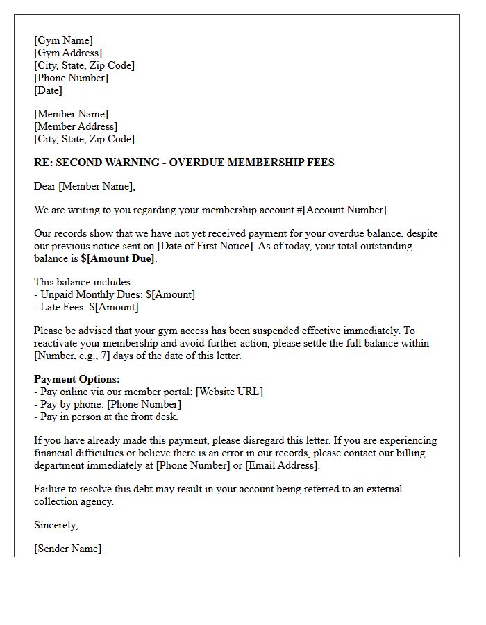 Debt Collection Second Warning Letter for Gym Fees