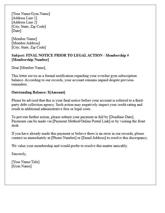 Final Notice Precursor Letter for Unpaid Gym Subscriptions