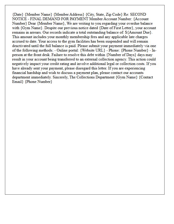 Gym Facility Arrears Second Demand Letter from Collections