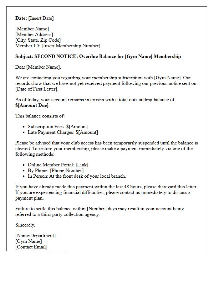 Gym Subscription Arrears Second Balance Due Letter