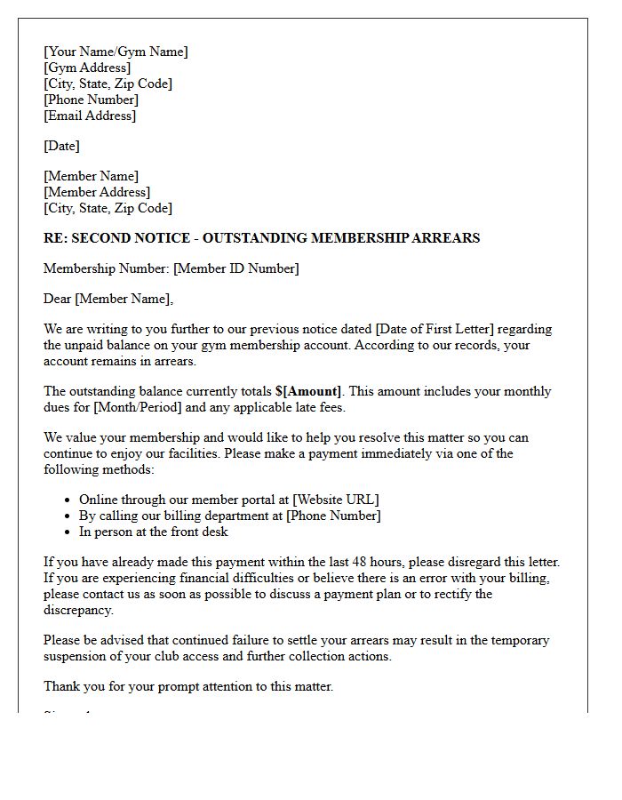 Outstanding Gym Membership Arrears Second Request Letter