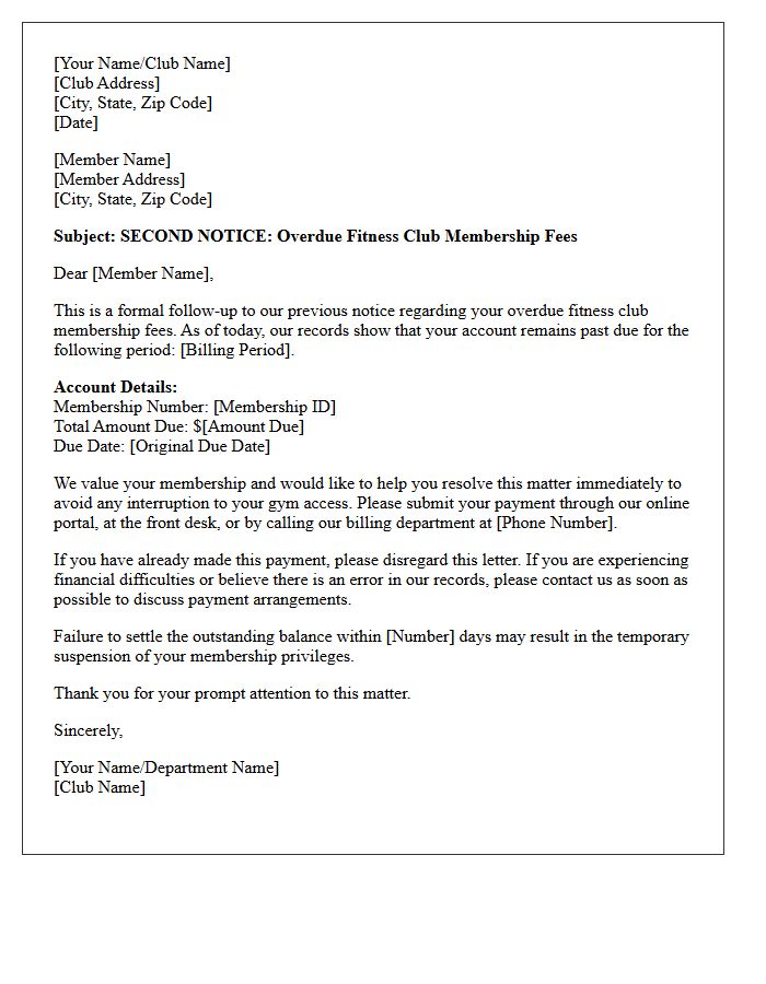 Overdue Fitness Club Membership Second Notification Letter