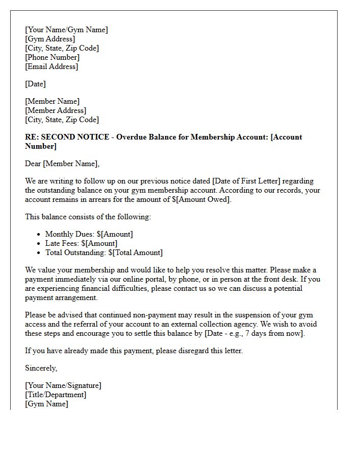 Second Attempt Debt Recovery Letter for Gym Arrears