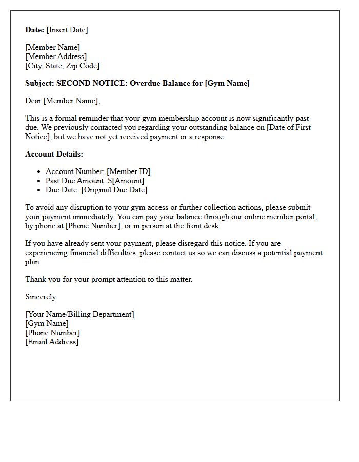 Second Collection Letter for Past Due Gym Membership