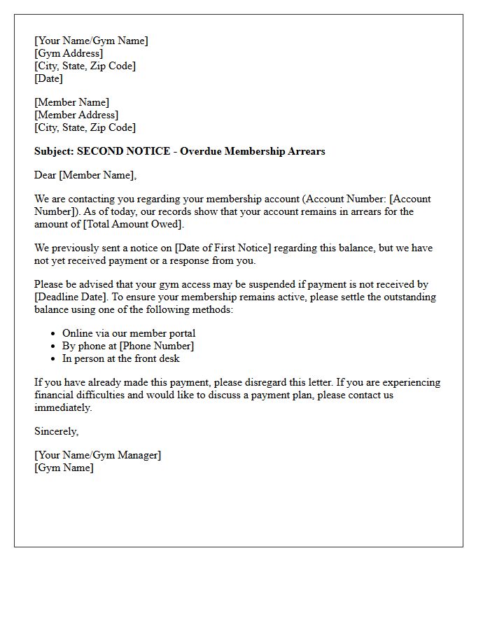 Second Notice Letter for Overdue Gym Membership Arrears