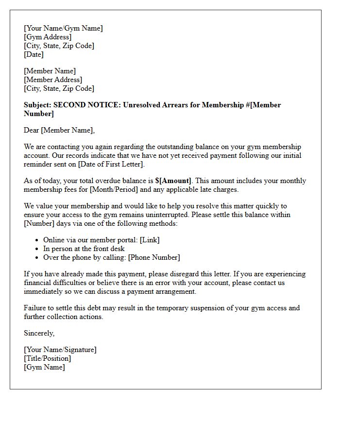 Unresolved Gym Arrears Second Payment Request Letter