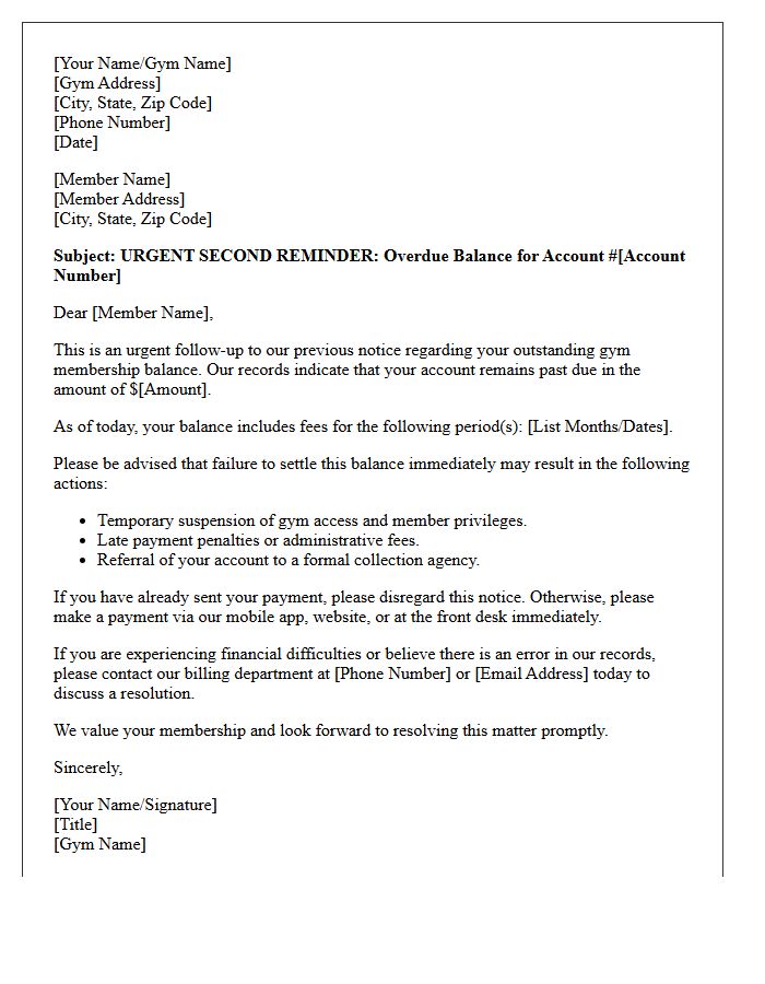 Urgent Second Reminder Letter Regarding Gym Account Balance