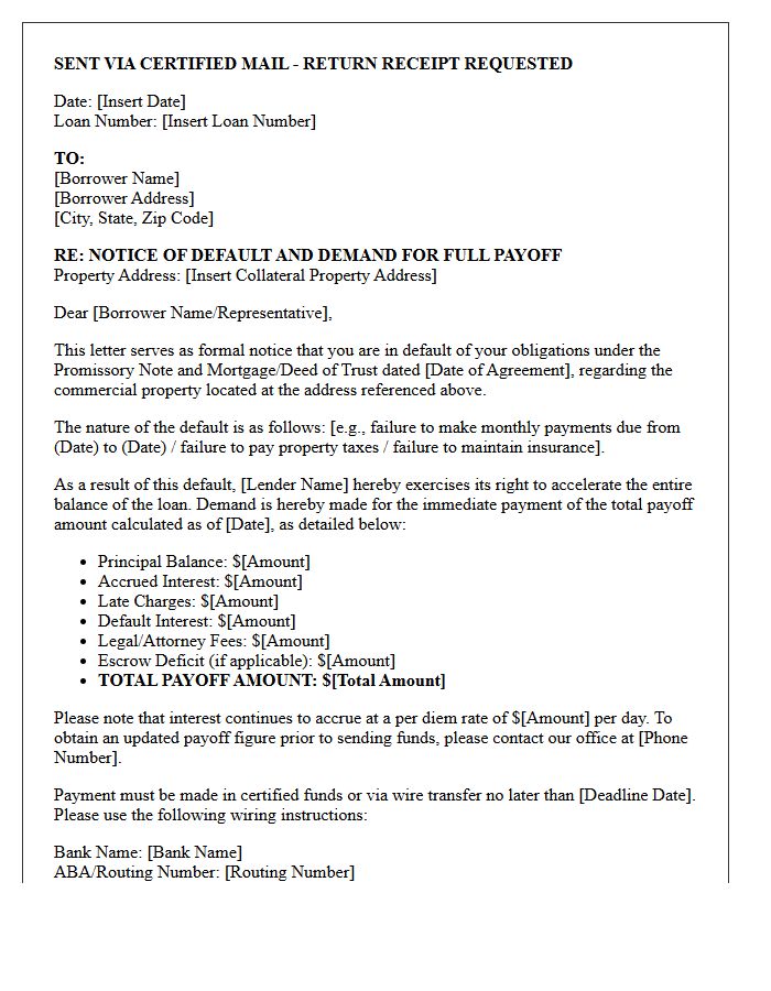 Commercial Mortgage Default Payoff Demand Letter