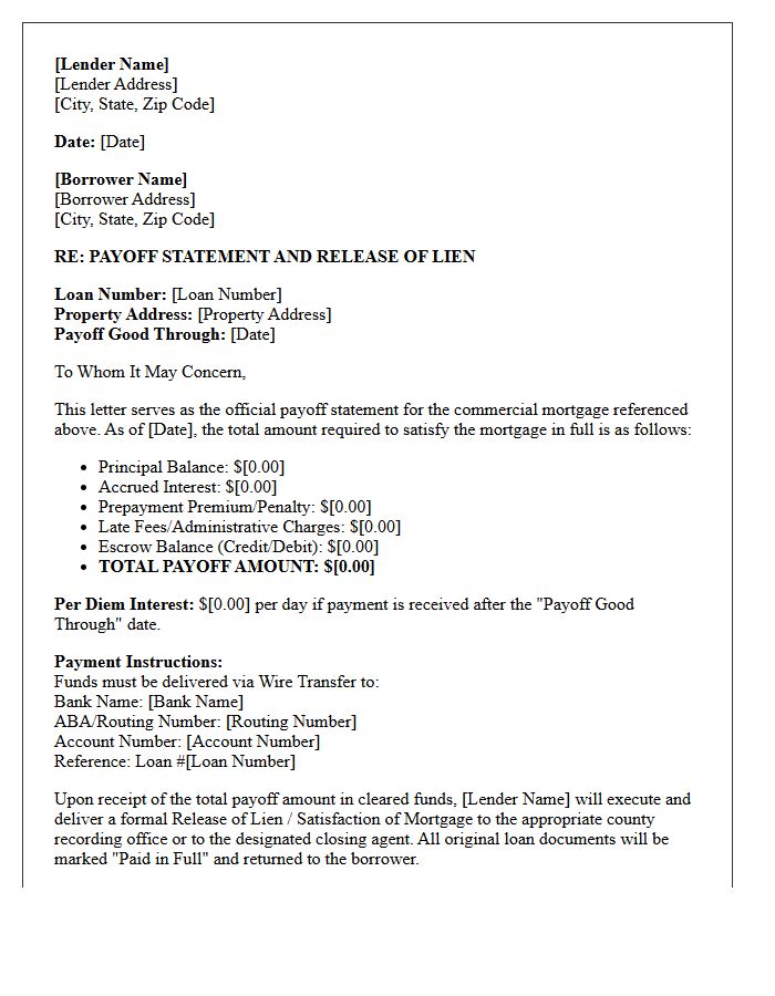 Commercial Mortgage Release of Lien Payoff Letter