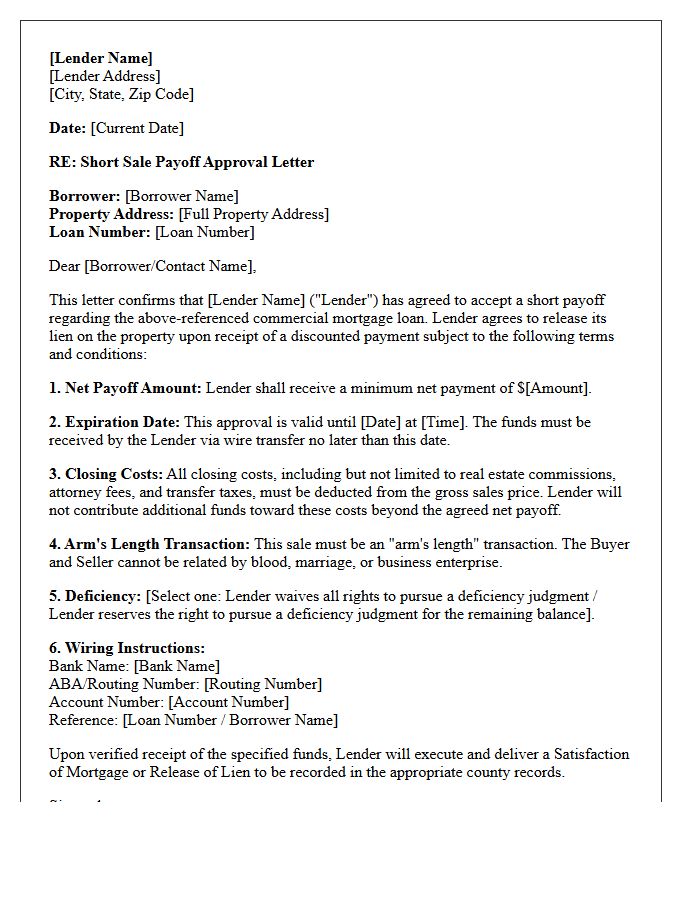Commercial Mortgage Short Sale Payoff Letter