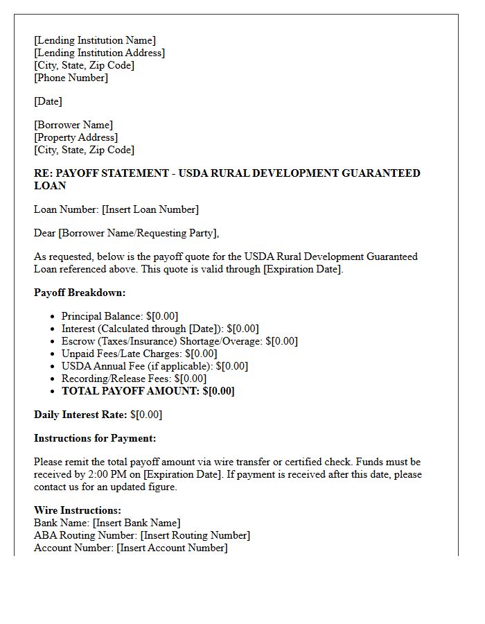 United States Department Of Agriculture Guaranteed Loan Payoff Quote Letter