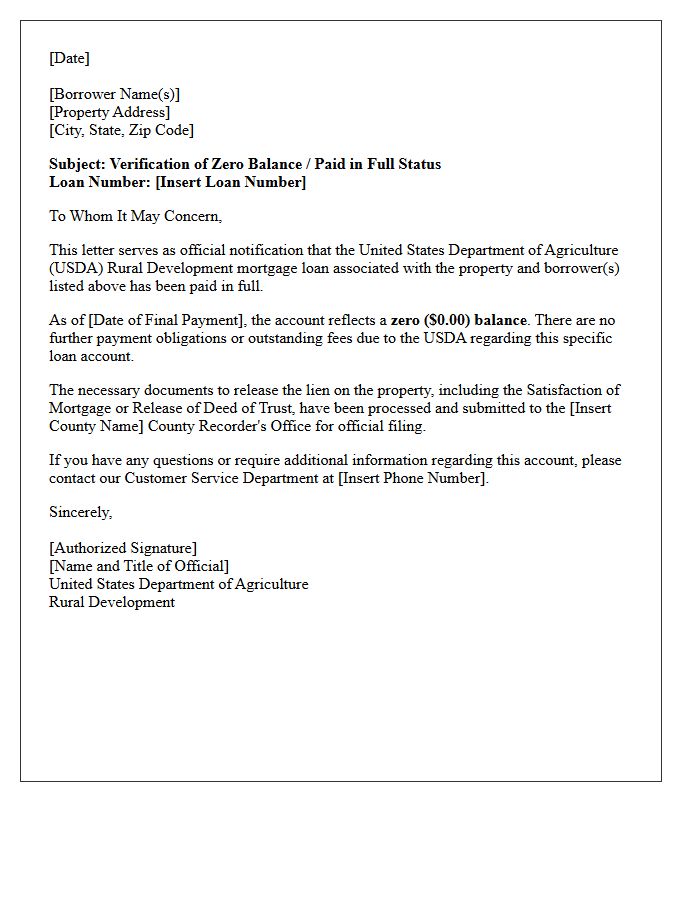 United States Department Of Agriculture Mortgage Zero Balance Verification Letter
