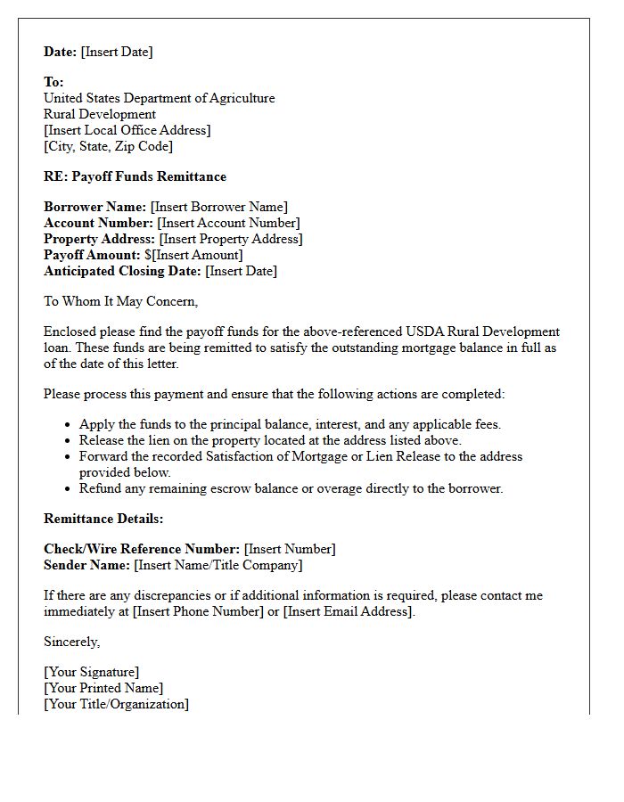 United States Department Of Agriculture Payoff Funds Remittance Instruction Letter