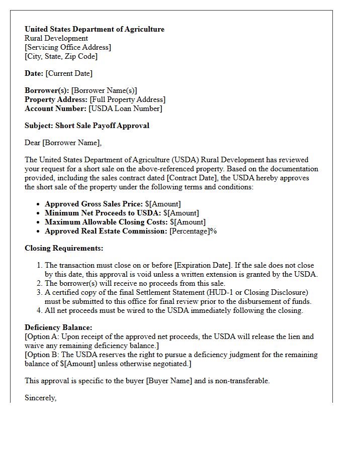 United States Department Of Agriculture Short Sale Payoff Approval Letter