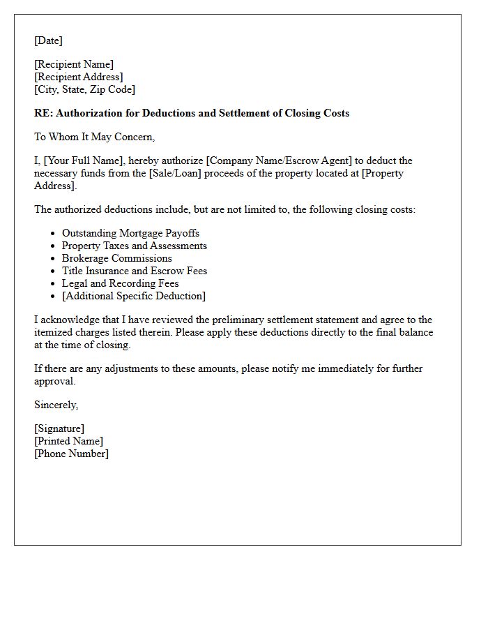 Authorized Deductions and Closing Costs
