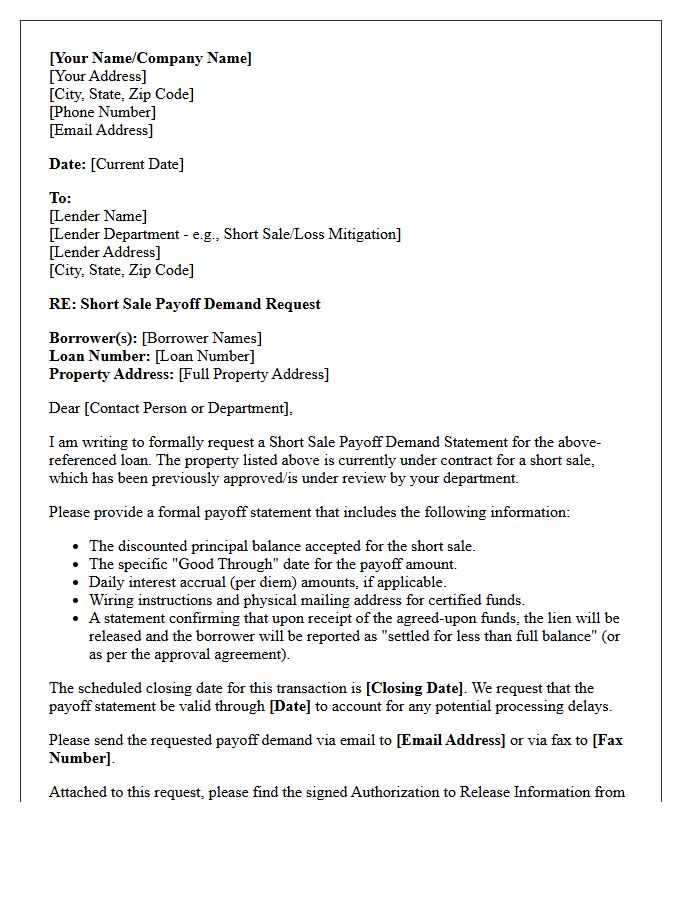 Short Sale Payoff Demand Letter