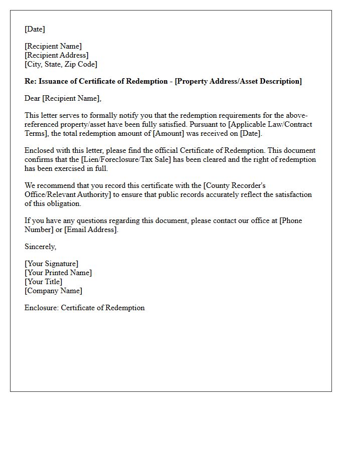 Certificate of Redemption Issuance Letter