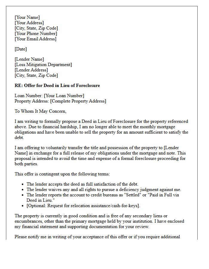 Deed in Lieu of Foreclosure Settlement Letter