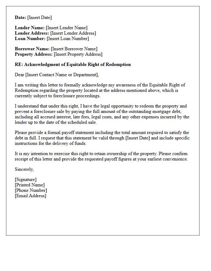Equitable Right of Redemption Acknowledgment Letter
