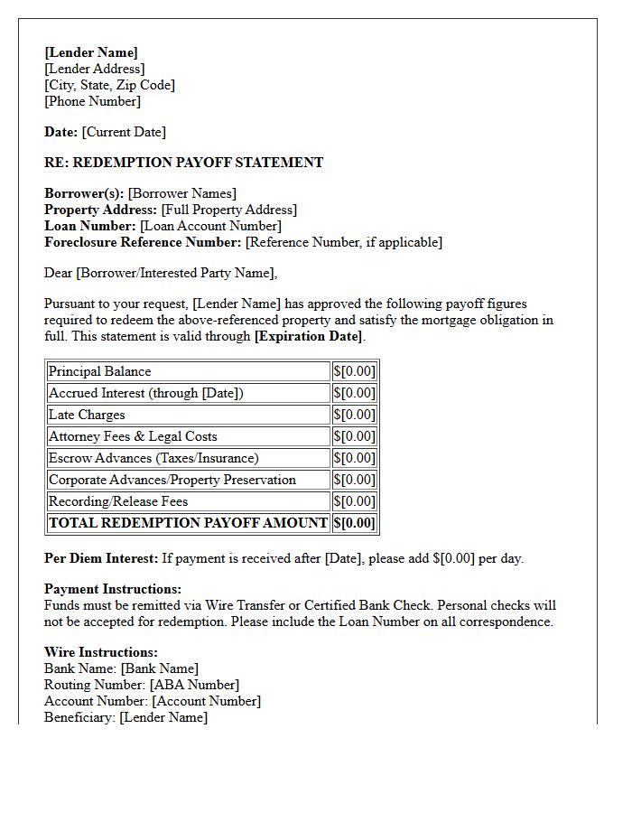 Lender Approved Redemption Payoff Statement Letter