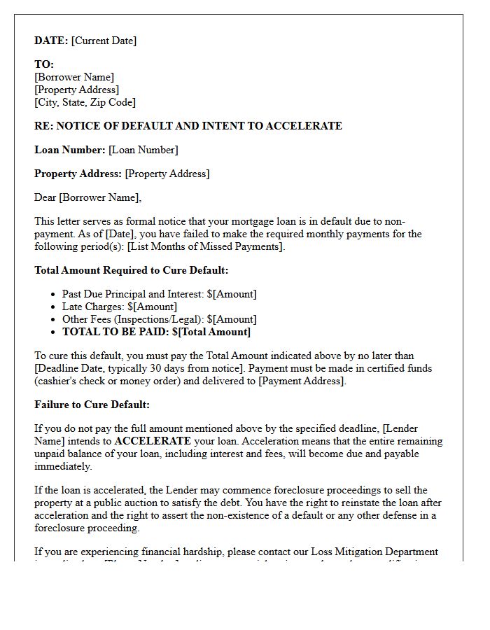 Mortgage Default and Acceleration Warning Letter