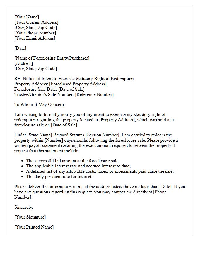 Post-Foreclosure Statutory Redemption Right Letter