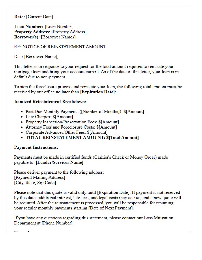 Pre-Foreclosure Reinstatement Quote Letter