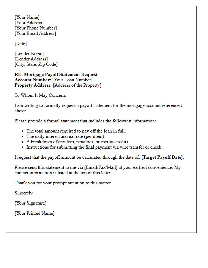 Mortgage Payoff Request Letter