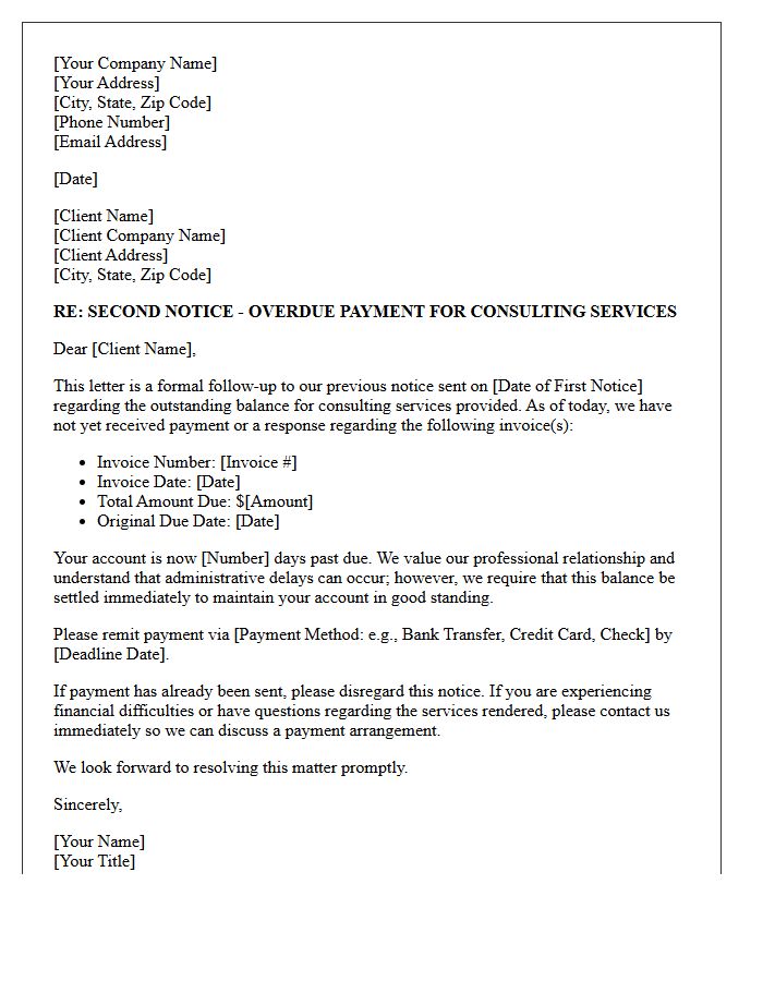 Debt Collection Second Notice Letter for Consulting Services