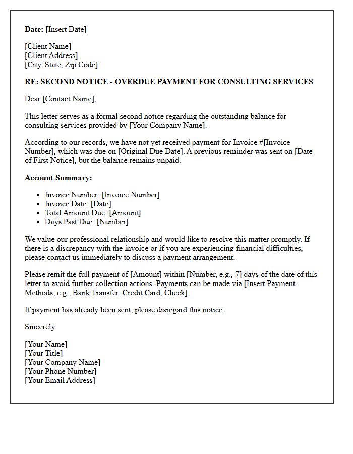 Debt Recovery Second Notice Letter for Consulting Fees