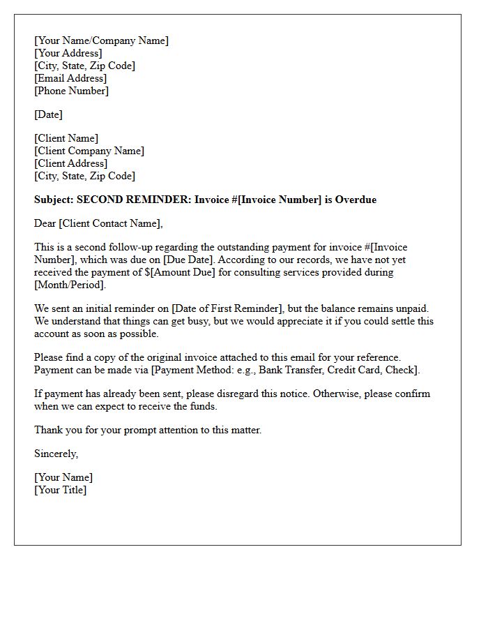 Past Due Consulting Invoice Second Reminder Letter