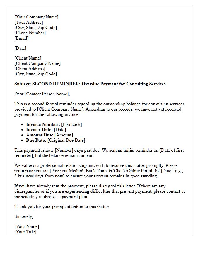 Second Reminder Letter for Overdue Consulting Payment