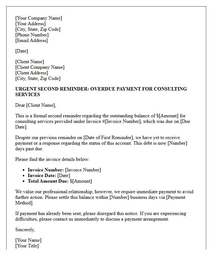 Urgent Second Reminder Letter for Consulting Debt