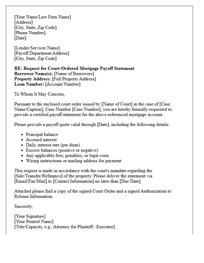Court Ordered Mortgage Payoff Statement Letter