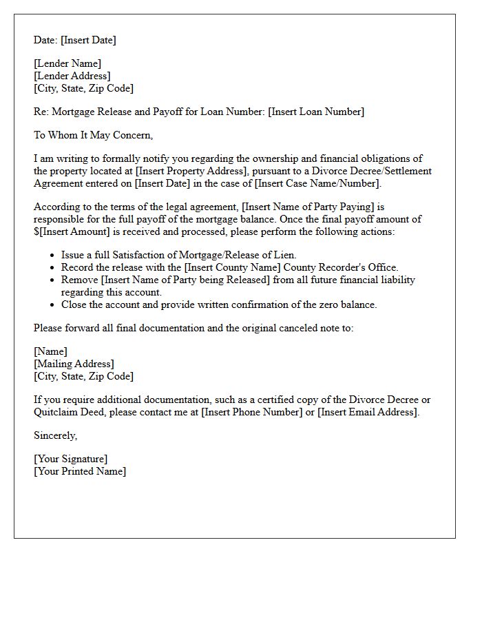 Divorce Agreement Mortgage Payoff Release Letter