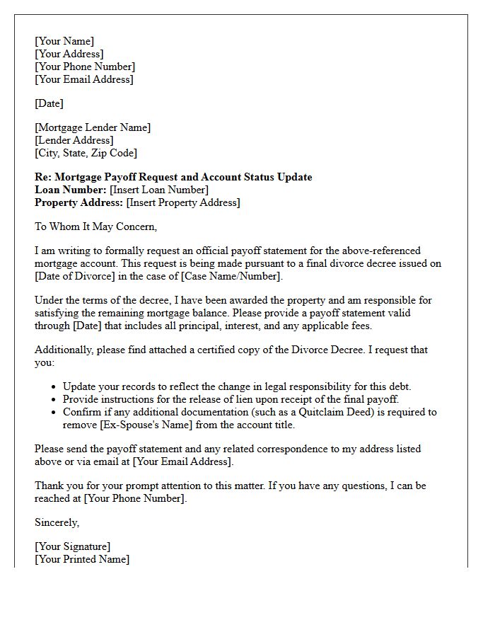 Divorce Decree Mortgage Balance Payoff Letter