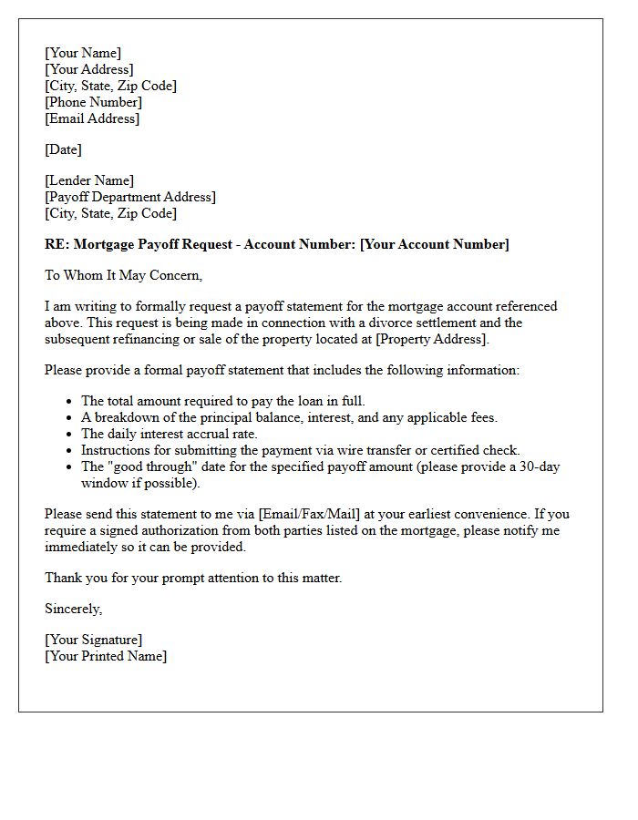 Divorce Settlement Mortgage Payoff Request Letter