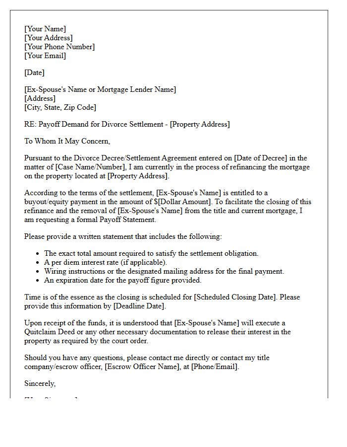 Divorce Settlement Refinance Payoff Demand Letter