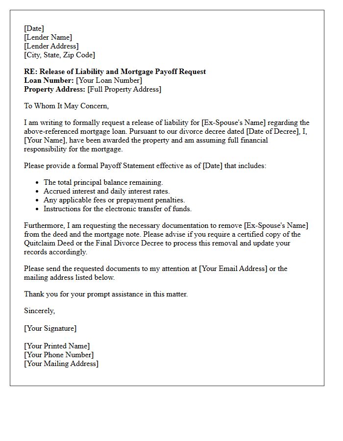 Ex-Spouse Mortgage Liability Release Payoff Letter