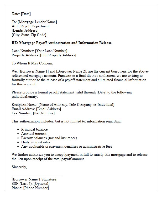 Final Divorce Settlement Mortgage Payoff Authorization Letter
