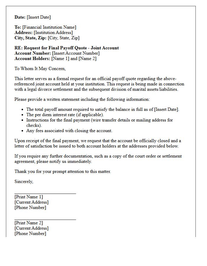 Joint Account Divorce Settlement Payoff Quote Letter