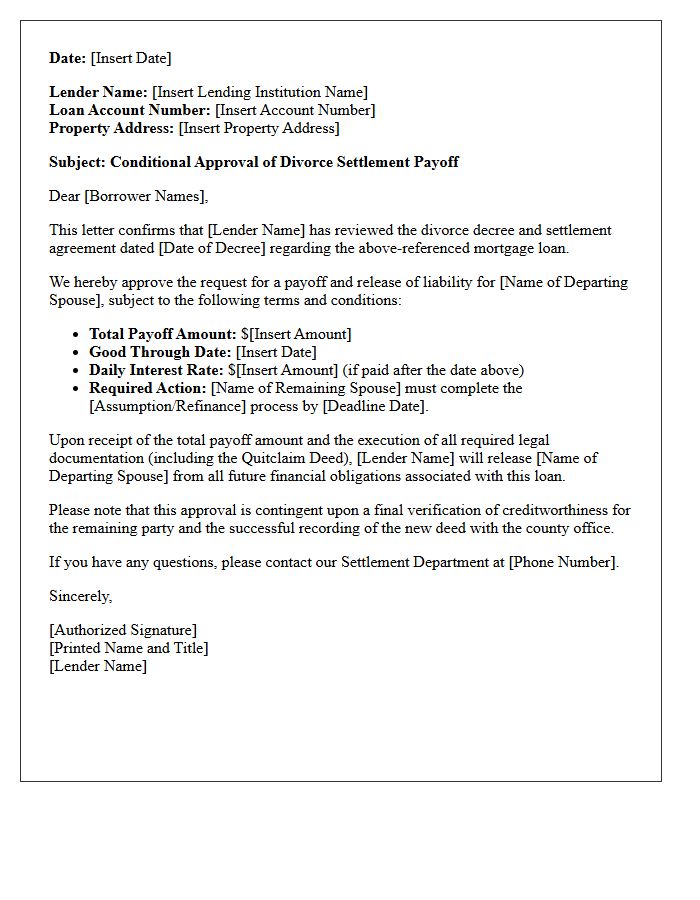 Lender Approved Divorce Settlement Payoff Letter