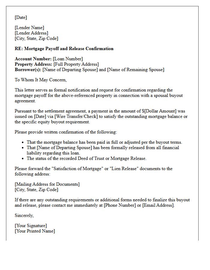 Spousal Buyout Mortgage Payoff Confirmation Letter
