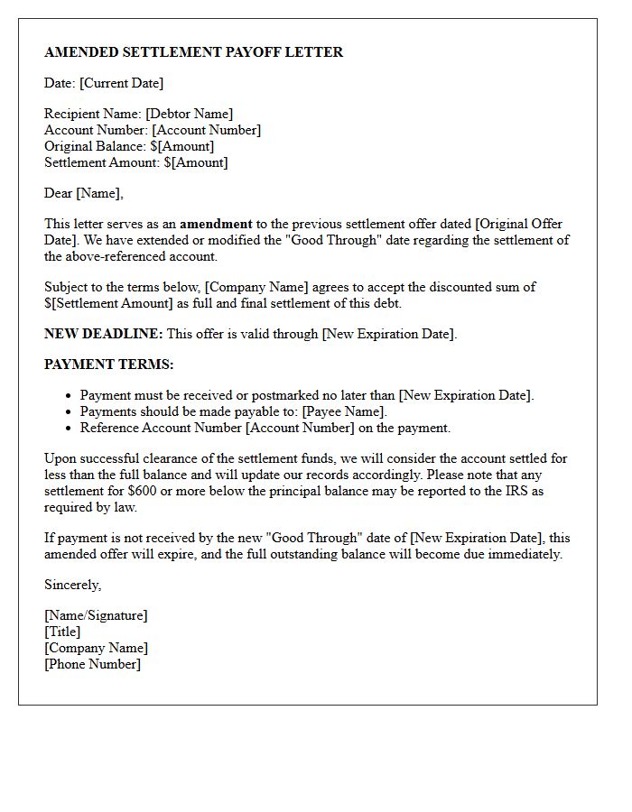 Amended Good Through Date Settlement Payoff Letter